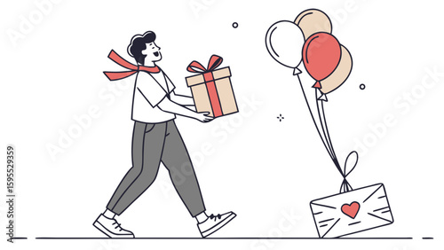 A man walks with a gift box and balloons, carrying a surprise for someone.