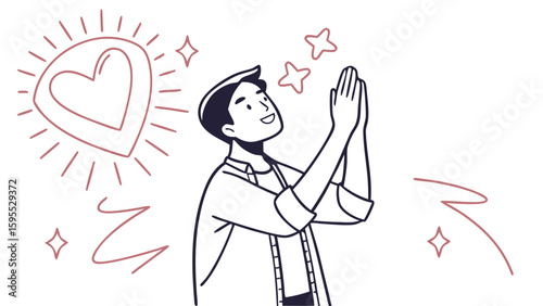 A person with hands clasped in prayer, looking up at a glowing heart and stars, expressing gratitude.
