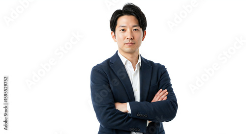 腕を組んで立つスーツ姿の日本人男性（白背景）