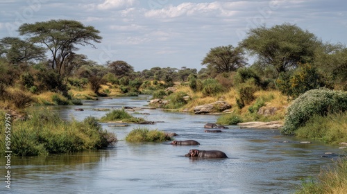 Hippos in a river, surrounded by savanna vegetation
