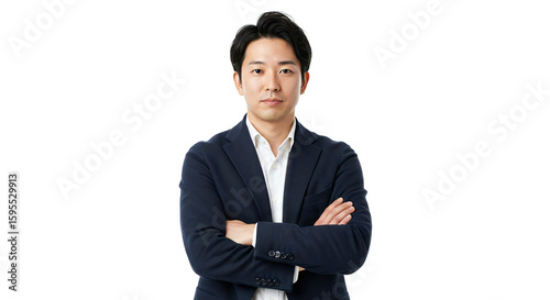 腕を組んで立つスーツ姿の日本人男性（白背景）