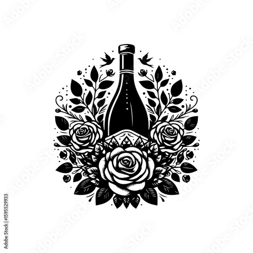 Wine Bottle Emblem with Roses and Birds in Monochrome Style.
