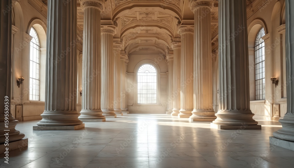 Fototapeta premium Grand legislative hall features massive stone pillars, high vaulted ceilings creating atmosphere of power, dignity. Sunlight streams through arched windows, illuminating marble floors, ornate
