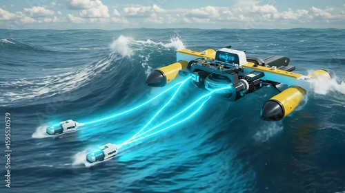 Autonomous wave glider with attached sensors on ocean surface