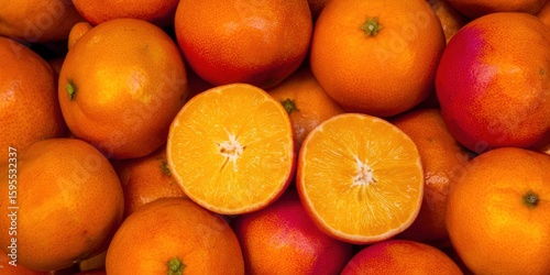 Delicious oranges are piled up, with one cut open to show off the juicy segments.