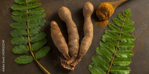 Tamarind pods with leaves and turmeric on a rustic brown surface.