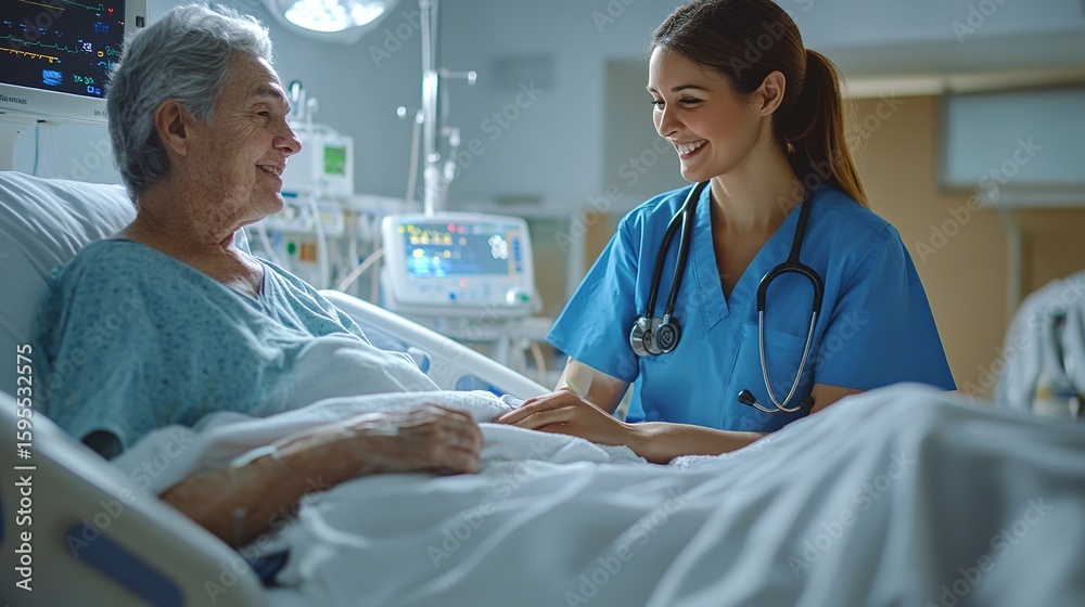 Obraz premium A nurse smiles warmly while holding the hand of an elderly male patient lying in a hospital bed, conveying care and compassion in a medical setting.