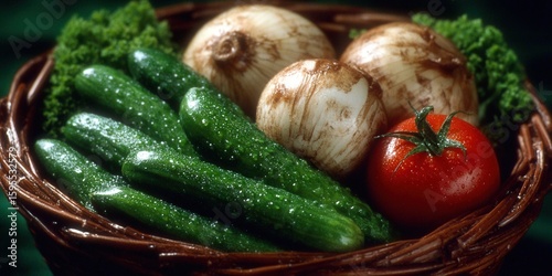 An assortment of fresh vegetables, including cucumber and tomato, in a basket.