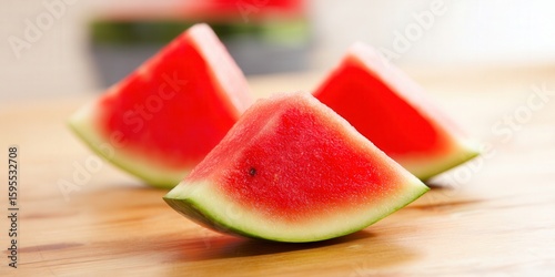 Vibrant watermelon slices, perfect for a summer treat, are beautifully displayed on a wooden surface.