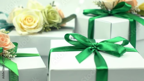 Wrapped gifts with decorative roses