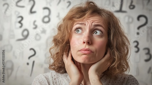 A confused woman looks up, surrounded by floating question marks and numbers, symbolizing uncertainty and contemplation.