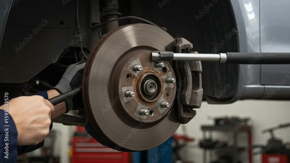 Professional mechanic repairing and inspecting the car brake disc in auto repair shop Professional mechanic repairing and inspecting the car brake disc in auto repair shop