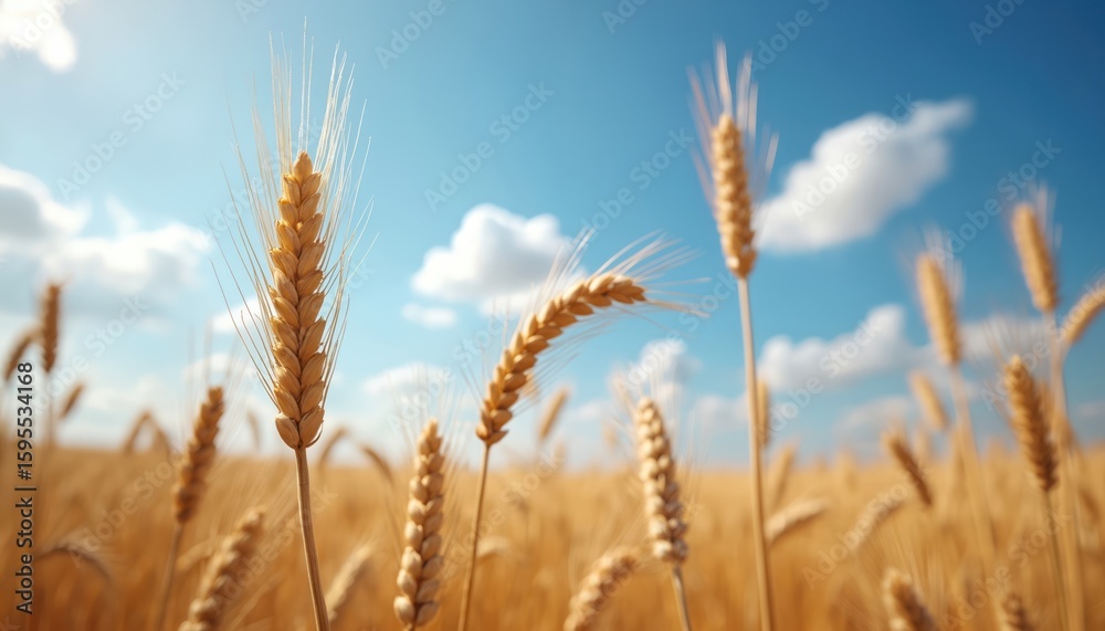 Golden wheat field under a clear blue sky, dotted with fluffy white clouds, awaits harvest. Ripe cereal crop symbolizes abundance and summer agricultural bounty, ideal for food industry themes. Golden wheat field under a clear blue sky, dotted with fluffy white clouds, awaits harvest. Ripe cereal crop symbolizes abundance and summer agricultural bounty, ideal for food industry themes.