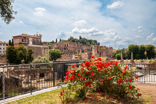 Ancient Forum Romanum. View from Palatine hill. Beautiful old ruins of roman imperium