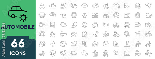 Car and Automobile Line Icon Set. Set of 66 outline icons including car, auto parts, repair, vehicle, engine, transportation, and driving. Editable stroke. Linear vector illustration.