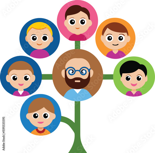 Family tree illustration with grandfather at the center and children around him in colorful circles, representing kinship and heritage