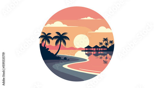 Tropical beach at sunset with palm trees and bungalows, flat vector style, pink and orange tones, summer vacation concept 