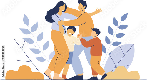 Happy family vector illustration with plants, sky. Mother, father, daughter and son hugging, playing and smiling, spending time together. Isolated on white background