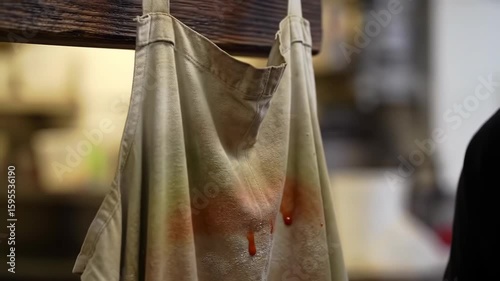 Apron stained with food hanging in kitchen, close up shot