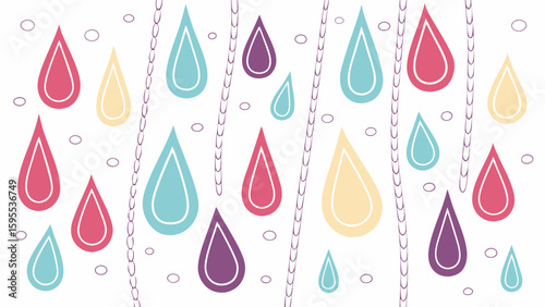 hanging colorful water droplets pattern delicate teardrop shapes dotted lines design