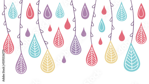 hanging decorative leaves border pattern botanical design colorful teardrop shapes