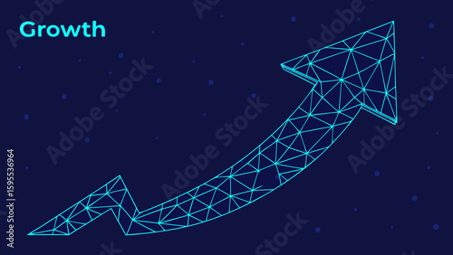 digital blue wireframe arrow symbolizing growth illustration background.