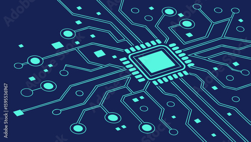 futuristic blue circuit board with central microchip illustration background.