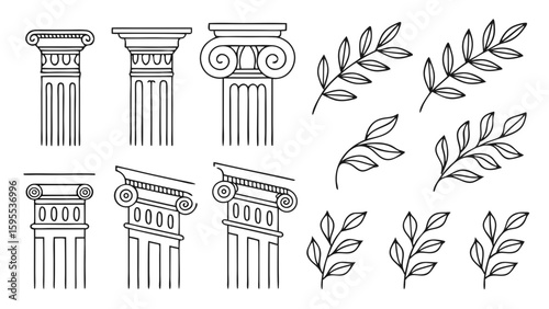classical architecture columns capitals decorative leaves botanical motifs greek roman design elements isolated on white background