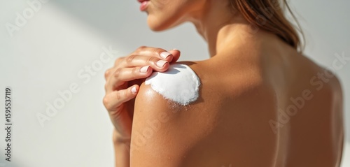 Woman applies sunscreen on shoulder for skin protection. Closeup of hand spreading white cream lotion for summer health, skincare. Sun protection against ultraviolet rays, moisturizing body care,