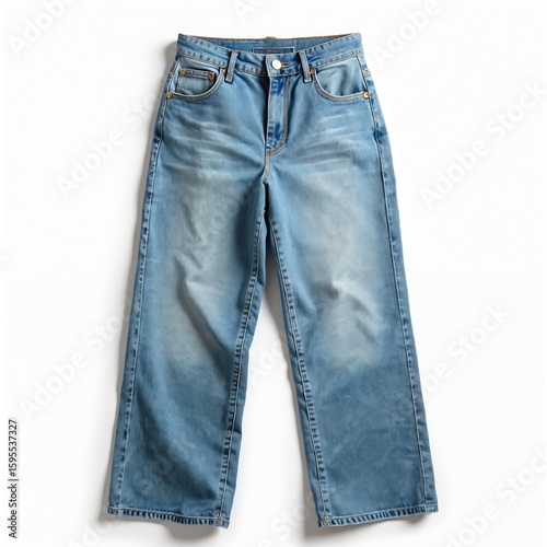 Light blue baggy jeans lay flat on white background. Comfortable denim trousers feature relaxed fit, classic design elements like pockets, stitching. Perfect for casual everyday wear throughout year,