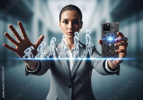 A symbolic image of the evolution of a monkey into a human held by a smartphone.