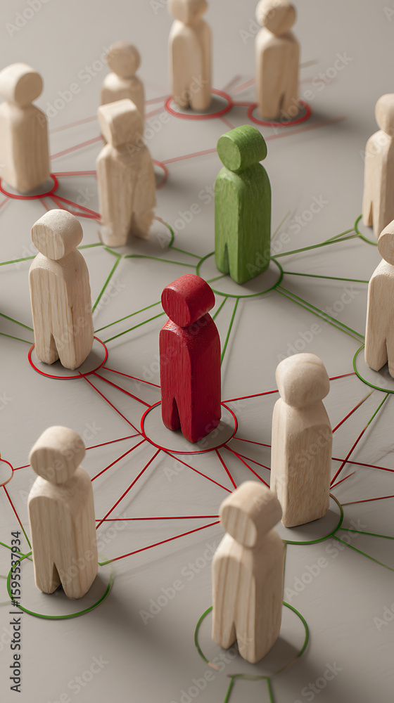 Obraz premium Network of Wooden Figures Red and Green Person Icons Connected by Red and Green Lines on Gray Background Social Network Concept