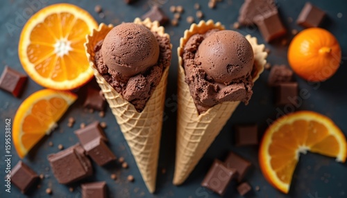 Two scoops of rich chocolate ice cream nestled in crisp waffle cones, artfully arranged with fresh orange slices, decadent chocolate pieces. Delightful dessert, set against rustic background, offers