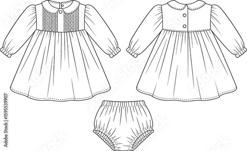 Baby dress and bloomers technical sketch with long sleeves, button detail, front and back views, cad drawing flat vector illustration