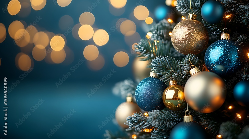 Fototapeta premium Christmas tree adorned with teal and gold ornaments.