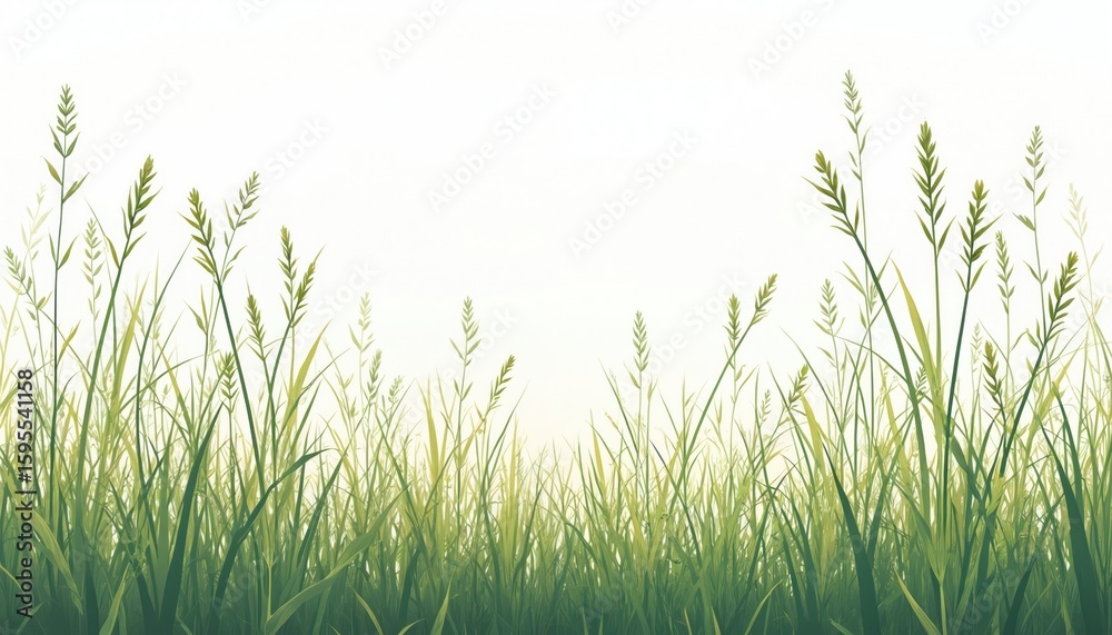 Fototapeta premium Illustration features wild grass with seed heads against clean white background. Serene meadow vegetation design element emphasizes natural beauty, growth, suitable for botanical agricultural themes.