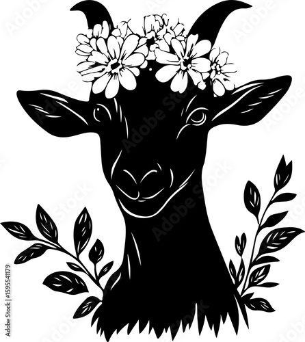 illustration of a goat with flower crown