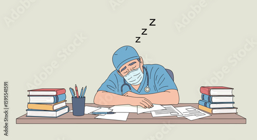 Exhausted Healthcare Worker Sleeping at Desk
