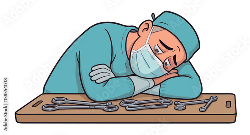 Exhausted Surgeon Cartoon: Medical Fatigue Illustration