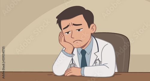 Depressed Cartoon Doctor at Desk