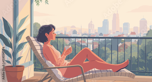 City Balcony Serenity: Woman Relaxing on a Lounge Chair