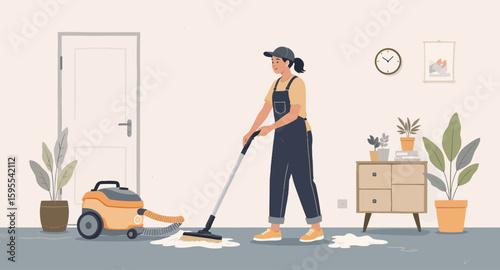 Woman Cleaning Floor with Steam Cleaner in Modern Home