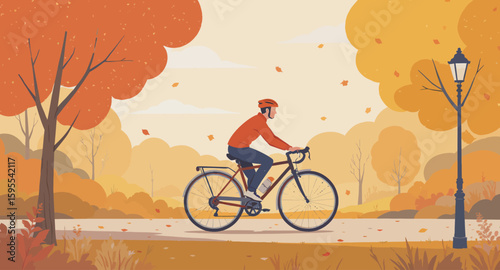 Autumnal Bicycle Ride: Man Cycling Through Golden Fall Foliage