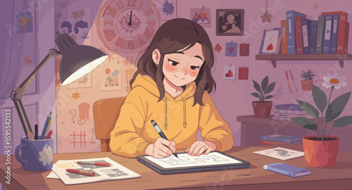 Serene Evening: Young Woman Drawing in Cozy Room