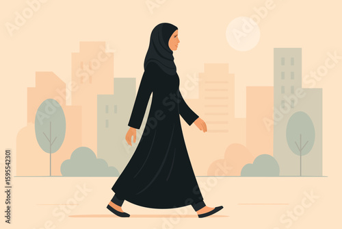 Woman in Abaya Walking in Cityscape