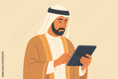 An illustration of a man in traditional Arab clothing using a tablet device against a beige background.