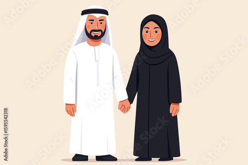 Illustration of a traditionally dressed Emirati couple holding hands, the man in white kandura and the woman in black abaya and hijab.