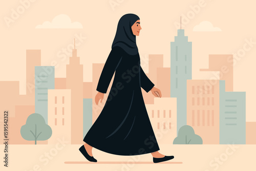 A woman wearing a black hijab and abaya walks in a city with stylized buildings and trees in the background.