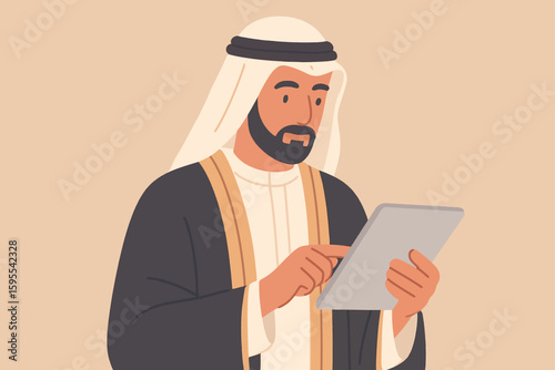 Man in traditional Arab clothing using a tablet device, focused and engaged with the screen.
