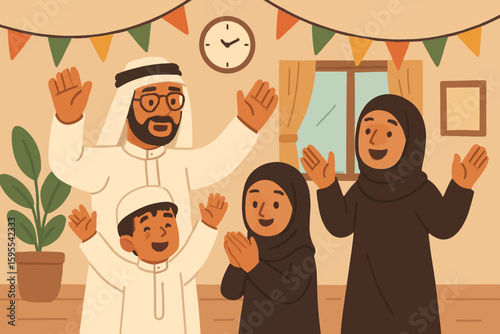 A happy Muslim family of four, including mother, father, son, and daughter, joyfully celebrating a holiday at home with decorations.